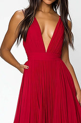 Deep V-Neck Chiffon A Line Red Wedding Guest Dress Long Formal Dress